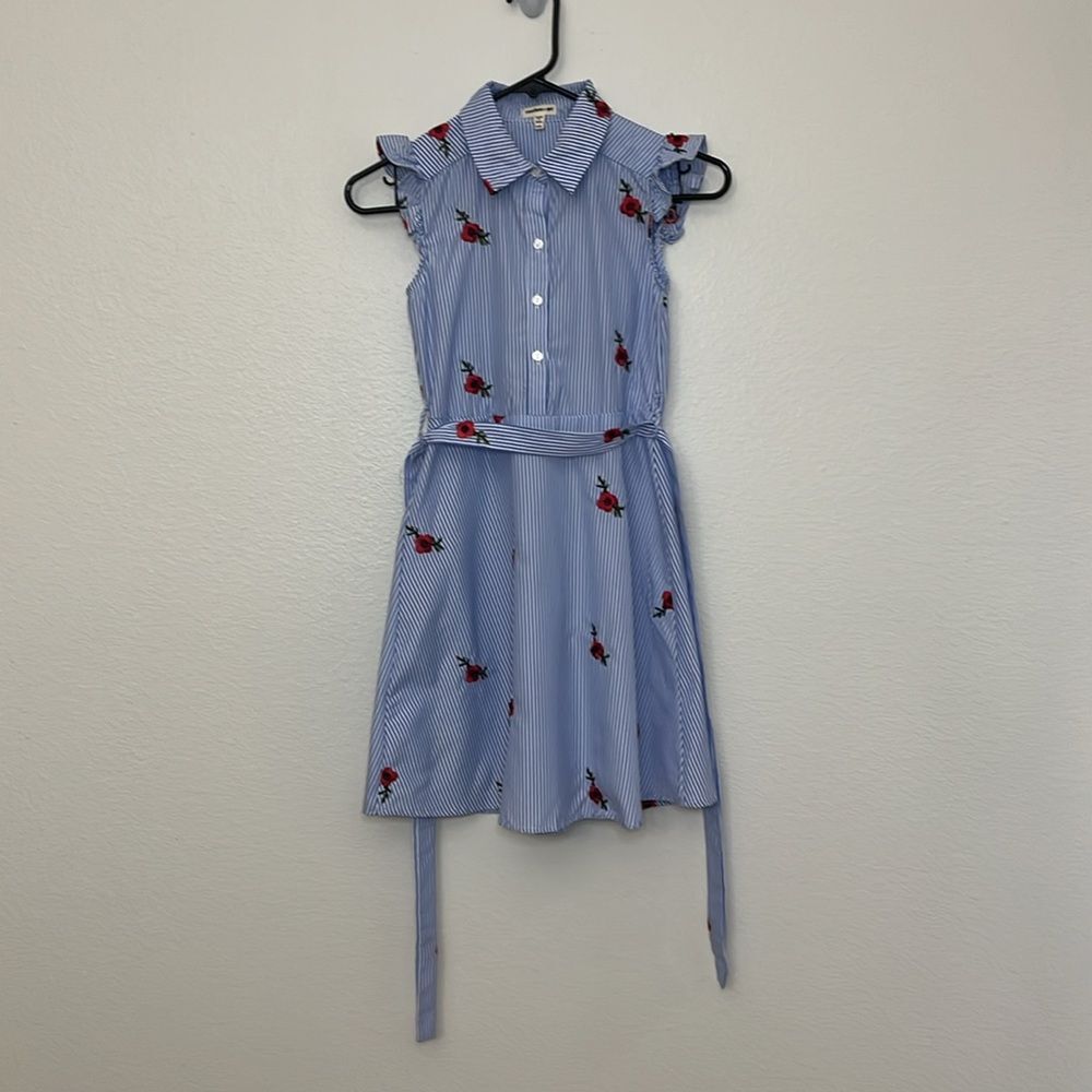 Monteau girl Sz 10(M) Stripped with Floral Embroidery Belted Shirt Dress NWOT - Picture 2 of 10